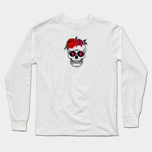 Loving skull N.1, with flower crown and glasses with pink hearts, special white backgrounds Long Sleeve T-Shirt